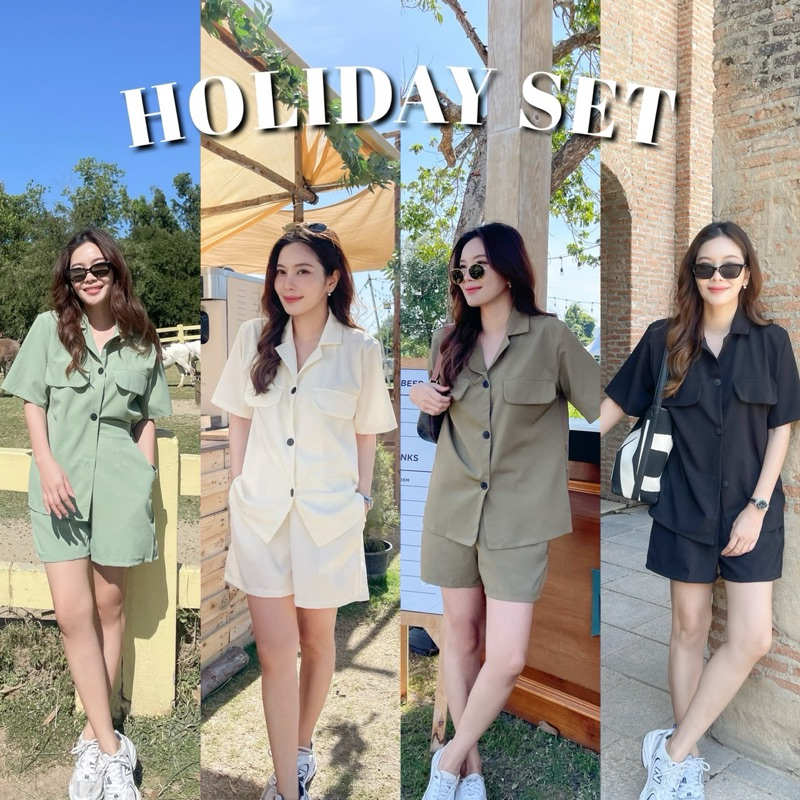 HOLIDAY SET ชุดเซ็ทเสื้อแขนสั้น กางเกงสม็อคหลัง กระเป๋า2ข้าง ไม่ต้องรีด ผ้าลายเปลือกไม้
