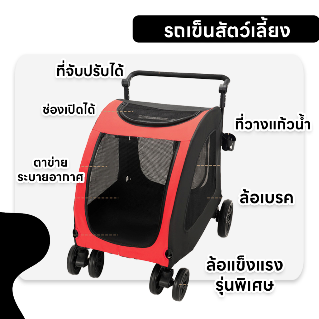 รถเข็นสัตว์เลี้ยง รับน้ำหนักได้ 50 kg สำหรับสัตว์เลี้ยงขนาดใหญ่ เหมาะกับแมวและสุนัข พื้นที่ขนาดใหญ่ สะดวก