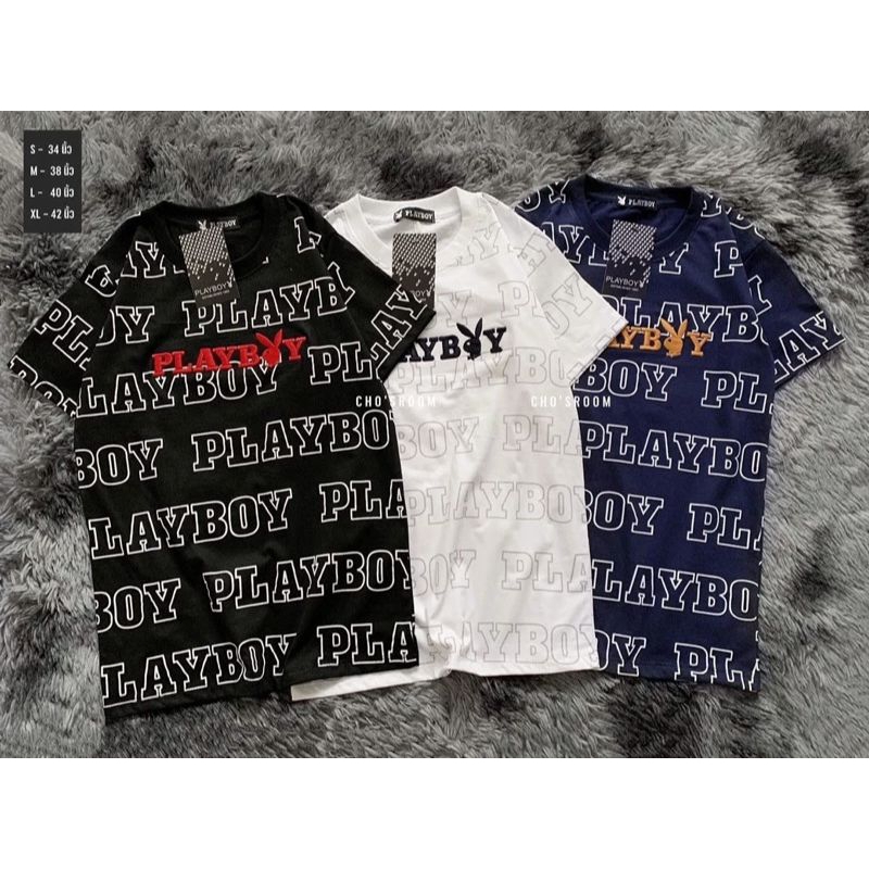 เสื้อยืดเพลย์บอย พร้อมส่ง โลโก้งานสกรีนงานปักเนื้อผ้าคอตตอนแท้ ใส่ได้ทุกเพศทุกวัยถูกใจวัยรุ่น