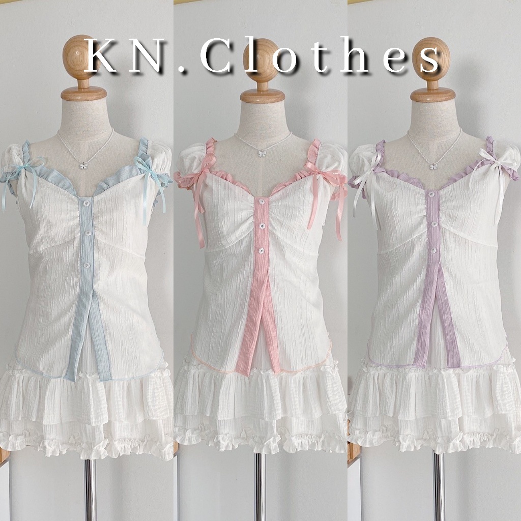 Something เสื้อแขนตุ๊กตา ผูกโบว์ 2 ฝั่ง แต่งกระดุมหน้า