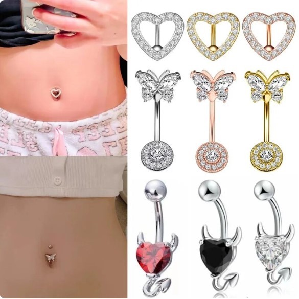 จิวสะดือ Crystal Heart Belly Button Rings Stainless Steel Butterfly Belly Ring Cute Pink Navel Barbell Body Piercing Jew
