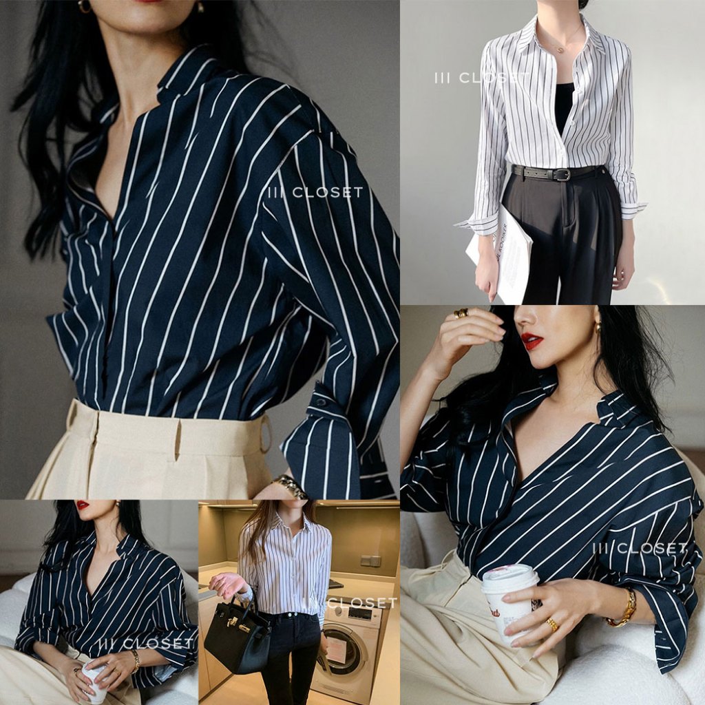 เสื้อเชิ้ต lll Freesize lll IT082 เสื้อเชิ้ต แขนยาว ลายทาง สไตล์เกาหลี เนื้อผ้าไหมอิตาลี ผ้าอย่างดี ใส่สบาย