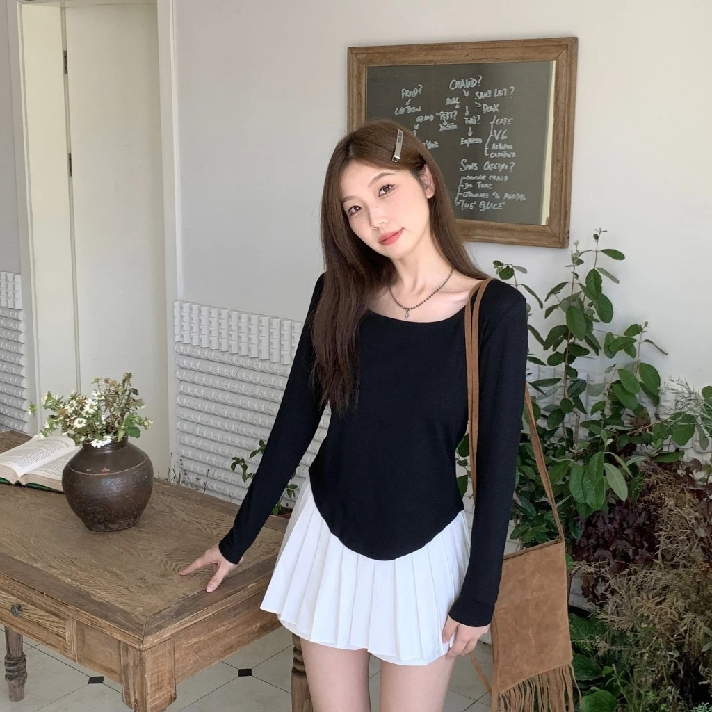 PX เสื้อแขนยาวผู้หญิง เสื้อลำลองคอกว้าง คอเหลี่ยมโค้งมน แหวกเอวสูง เสื้อผู้หญิงสีพื้นแขนยาว พรางหุ่น แมทช์ง่าย