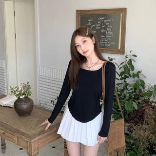 PX เสื้อแขนยาวผู้หญิง เสื้อลำลองคอกว้าง คอเหลี่ยมโค้งมน แหวกเอวสูง เสื้อผู้หญิงสีพื้นแขนยาว พรางหุ่น แมทช์ง่าย
