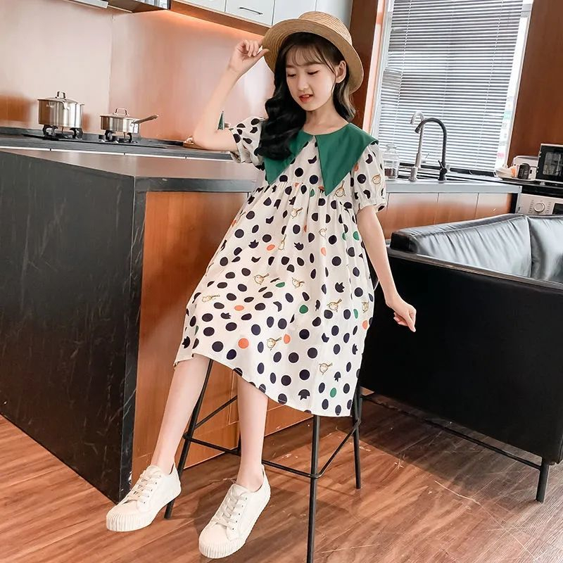 รุ่นใหม่ ชุดกระโปรงยาวลำลองเด็กผู้หญิงฤดูร้อน ชุดเดรสแขนสั้นเด็กน่ารักๆ เสื้อผ้าแฟชั่นเด็กโตผู้หญิง ชุดสำหรับเด็กผู้หญิง - รูปที่ 4