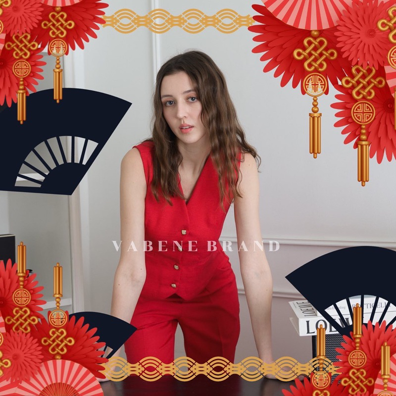 V-Tweed Vest ชุดเซ๊ทเสื้อกั๊กสีแดงใส่ตรุษจีน