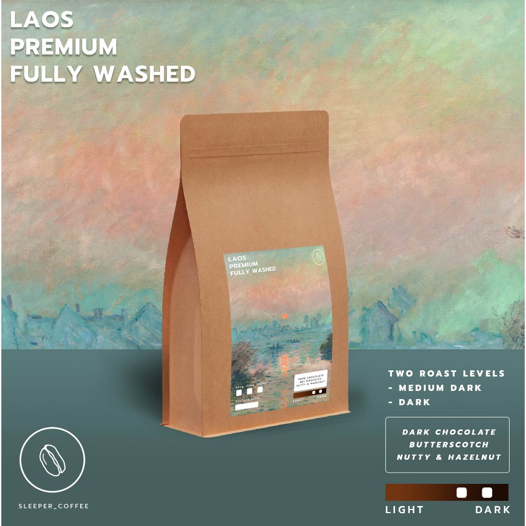 เมล็ดกาแฟคั่ว กลางเข้ม และ เข้ม Laos Premium Fully Washed Medium Dark & Dark Roasted 500g