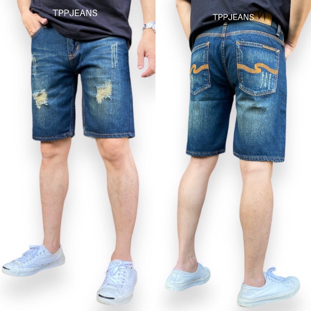 JEANSEXPRESS ( 28“-42”) Short's Mens กางเกงยีนส์ขาสั้นสีบลูฟอกสนิม แต่งขาด งานปักเนียนสวย เป้าซิป มีไซส์ใหญ่