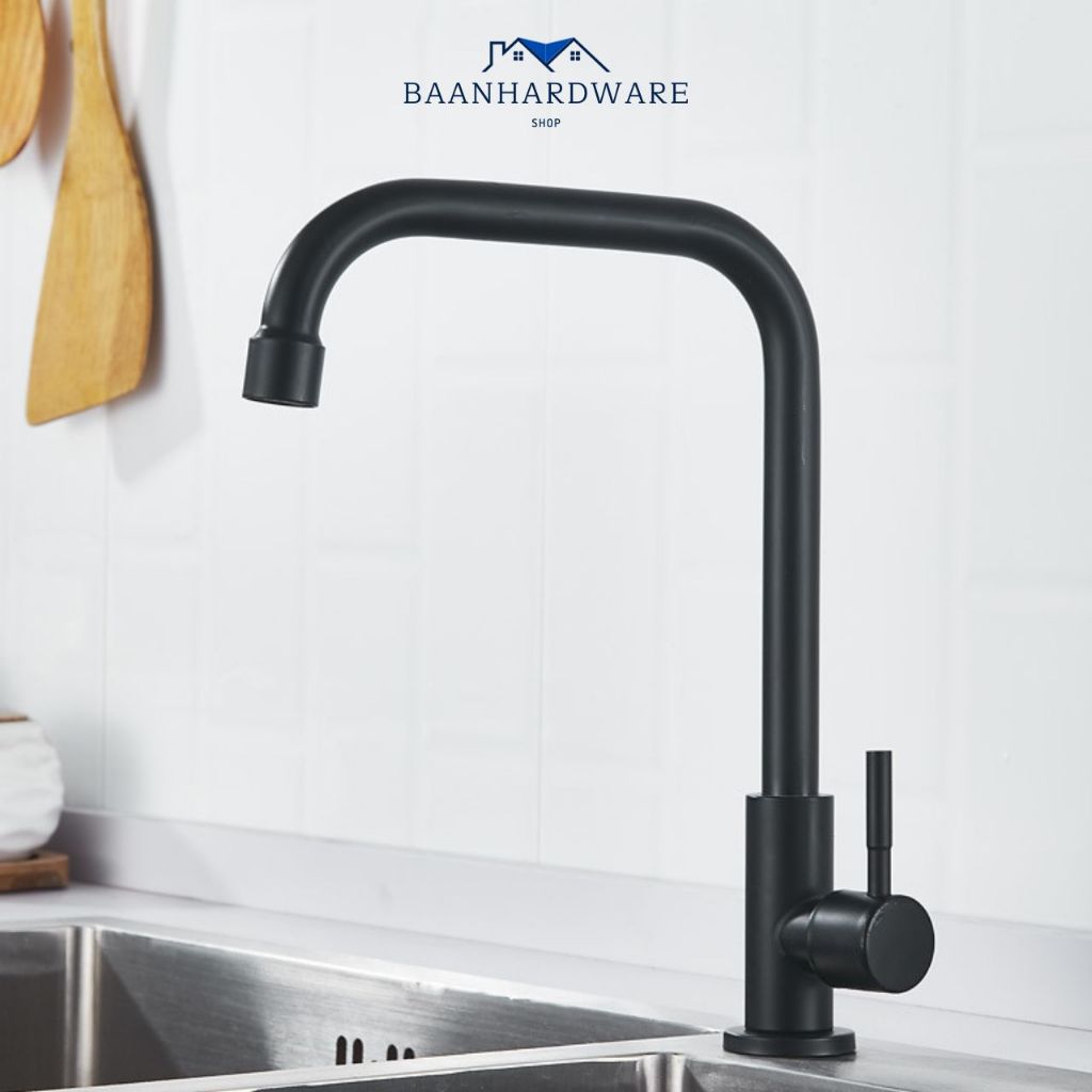 BAANHARDWARE ก๊อกน้ำอ่างล้างจาน รุ่นคอตรงสีดำ ก้านคอหมุนได้ สแตนเลส 304 MA-B-508SB