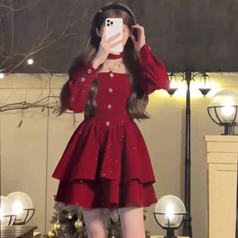 MVP🌈ชุดเดรสกำมะหยี่สีแดงขนาดใหญ่ ปาร์ตี้ผูกเอวสไตล์คริสต์มาสในฤดูหนาว กระโปรงคอเหลี่ยม Size:S-XXL