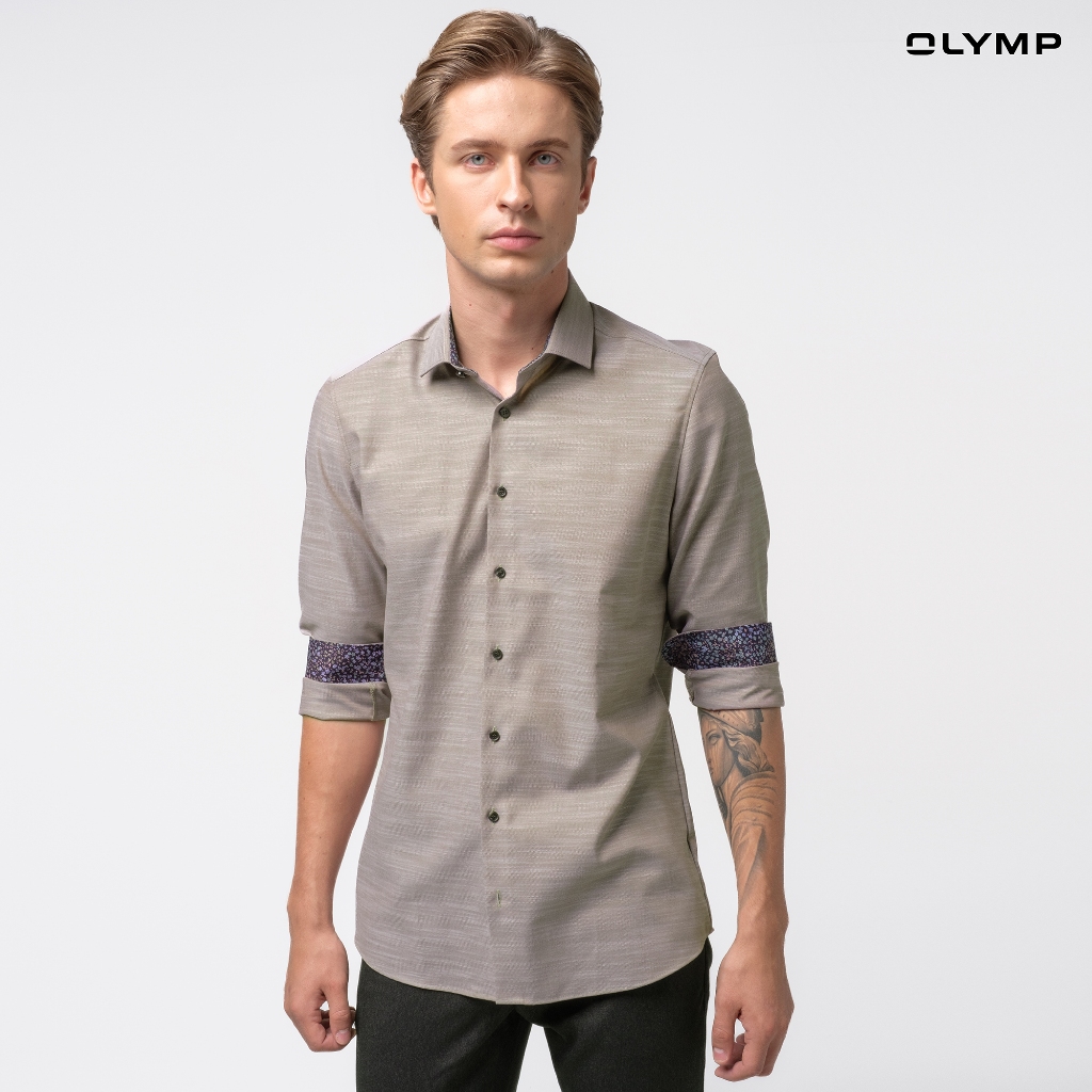 OLYMP  Level Five Shirt เสื้อเชิ้ตชาย สีน้ำตาล ผ้าเท็กเจอร์ ทรงพอดีตัว ยืดหยุ่นได้ดี รีดง่าย SPRI24
