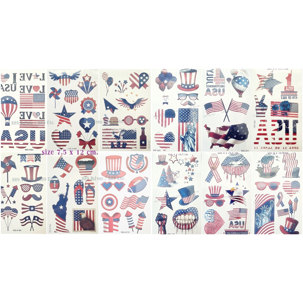 sticker tattoo แทททู รอยสักชั่วคราว ประเทศ อเมริกา USA US United States ลายธงชาติ หัวใจ บอลลูน ดาว เทพีเสรีภาพ เหยี่ยว