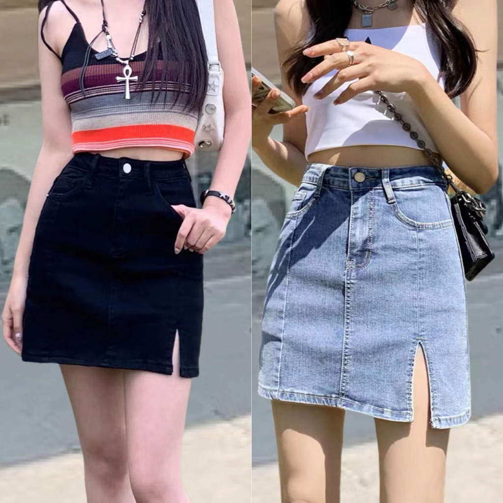 2สี กระโปรงทรงเอ กระโปรงยีนส์ งานเย็บละเอียด เเบบผ่าข้าง