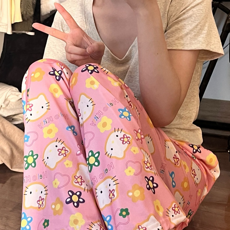 กางเกงลำลองขายาว เอวยางยืด Free size ลาย KT star สีชมพูสดใส