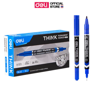 ปากกามาร์คเกอร์ Deli สำหรับเขียนซองพลาสติก แผ่นซีดี โมเดล แบบ 2 หัว (0.5 mm - 1 mm) หมึกน้ำเงิน เขียนลื่น ตัดเส้นได้