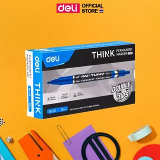 ปากกามาร์คเกอร์ Deli สำหรับเขียนซองพลาสติก แผ่นซีดี โมเดล แบบ 2 หัว (0.5 mm - 1 mm) หมึกน้ำเงิน เขียนลื่น ตัดเส้นได้
