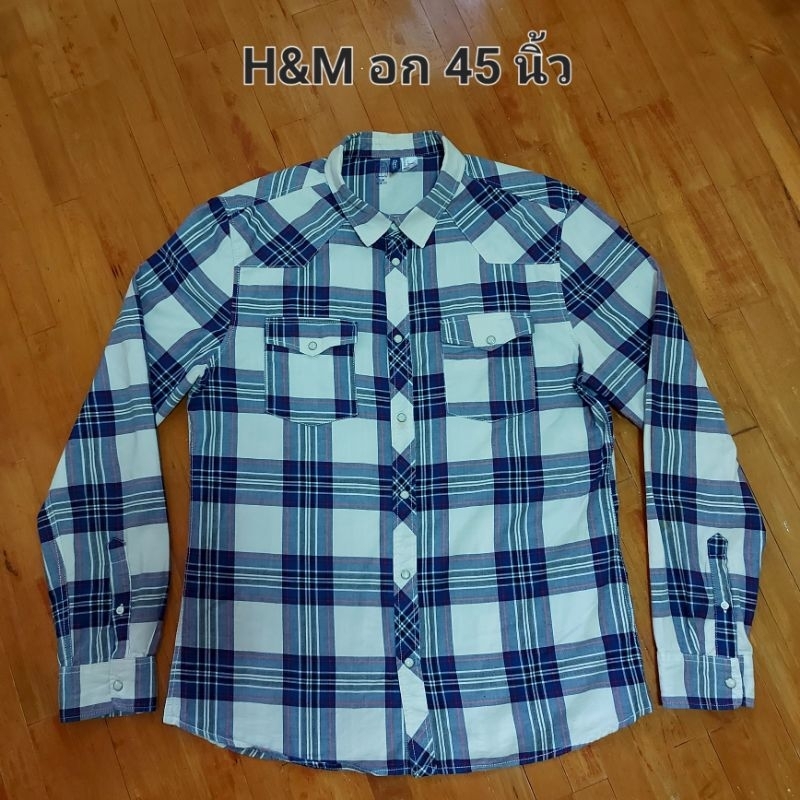 เสื้อลายสก๊อตแขนยาว H&M อก 45 นิ้ว