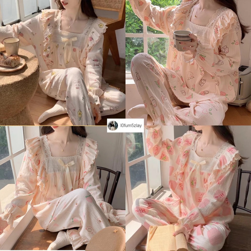 🍑(ราคาถูกที่สุด) ชุดนอนเวอร์ชั่นเกาหลีl0fum5zlay，สําลีฟองคุณภาพสูง，ลวดลายน่ารัก，ขายาว+เสื้อ，M-2XL