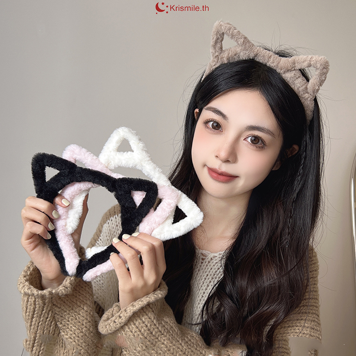 COD-ในไทย ที่คาดผมหูแมว น่ารักๆฟูๆ สีครีม ช่วยเก็บไรผม สไตล์เกาหลี สำหรับผู้หญิง-Krismile