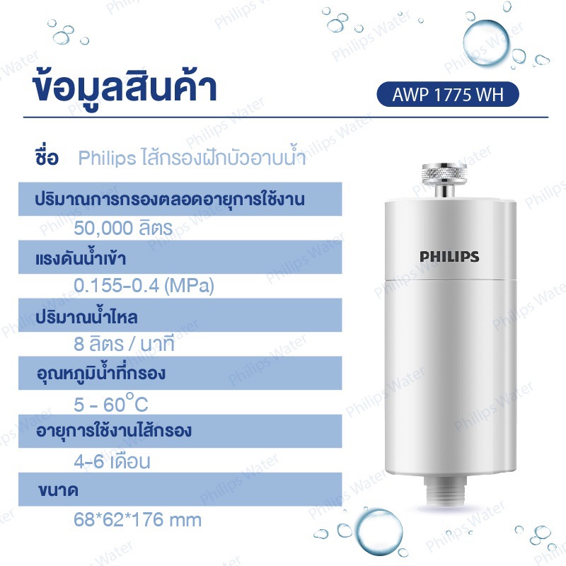 Philipswater AWP1775 กรองน้ำ ฝักบัว ไส้กรองฝักบัว ตัวกรองน้ำประปาสำหรับอาบน้ำ กรองได้50,000L - รูปที่ 6