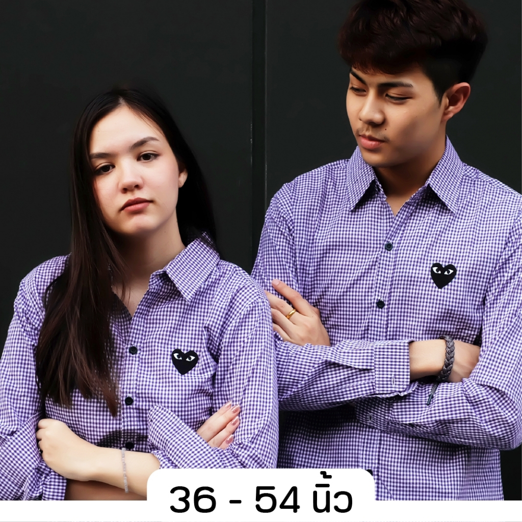 takayay brand เสื้อเชิ้ต สก๊อตม่วงเล็กใจดำ 36-50 นิ้ว เสื้อเชิ้ตสีม่วง ผ้าคอตตอนทวิล