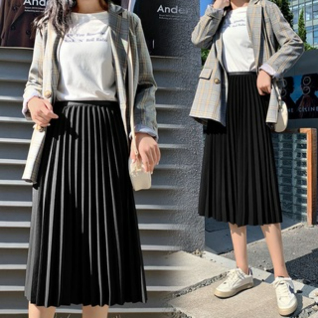 526 กระโปรงพลีท เอวสูง กระโปรงพลีทรุ่นขอบเรียบผ้าโปโลมันเงา(มันเงาไม่มากงานหรูสวย) ทรงพลีส ยาว30นิ้ว