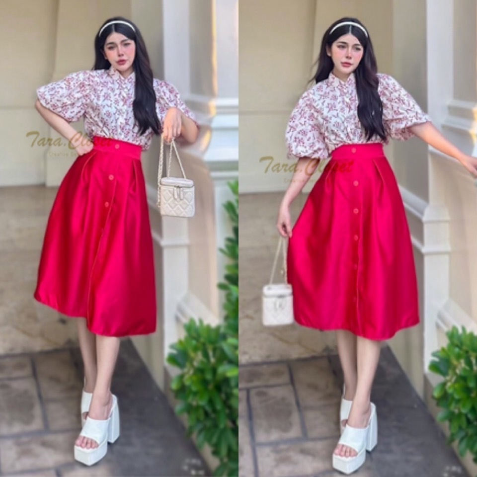 TUM006 TARA Set ชุดเซ็ต เสื้อคอจีน แขนพอง กระดุมหน้า จับคู่กับกระโปรงผ้าซาร่า Z034 จับจีบทวิส