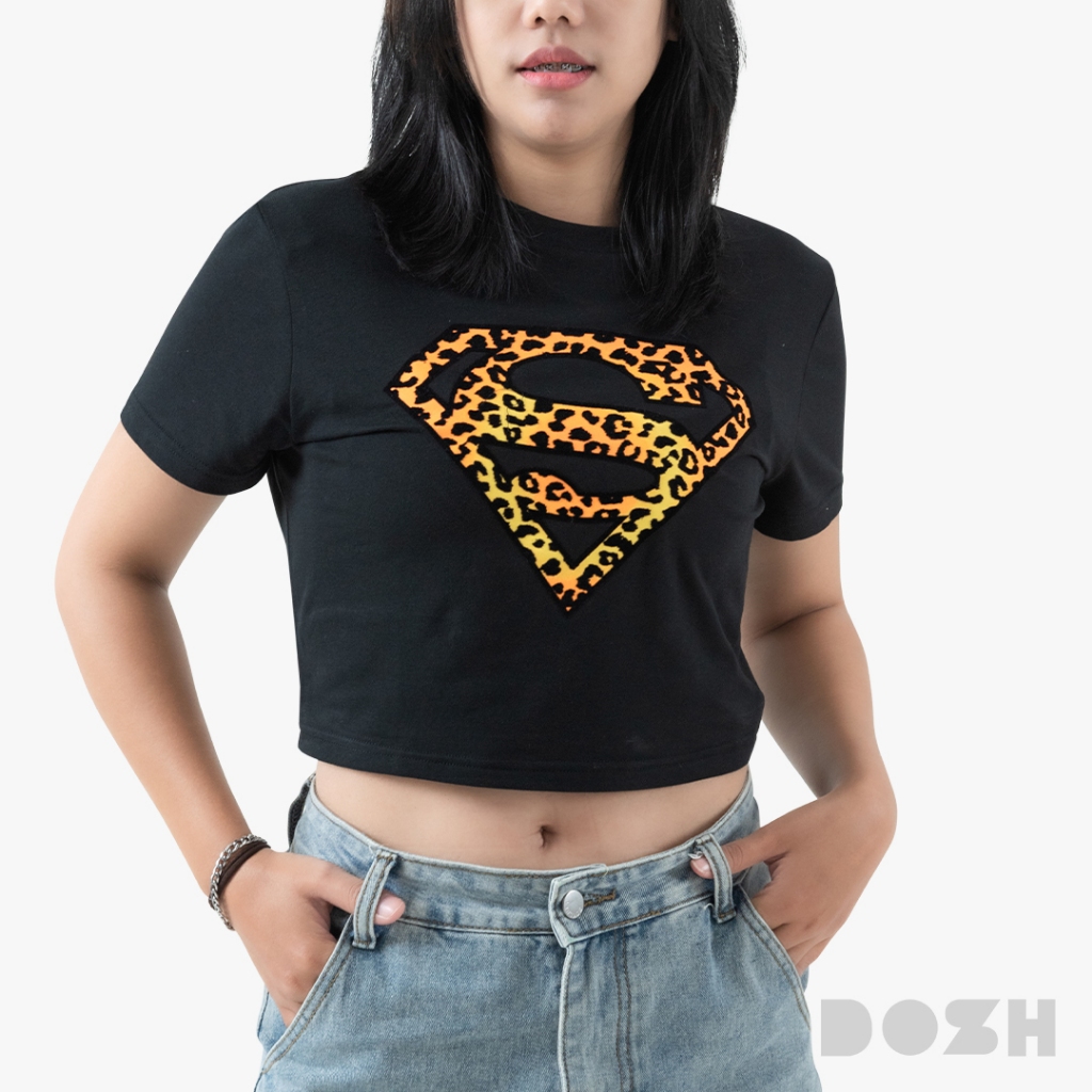 DOSH WOMEN'S CROPED TOPS FIT SUPERMAN เสื้อครอปสั้น ผ้ายืด FSWT1203-BL