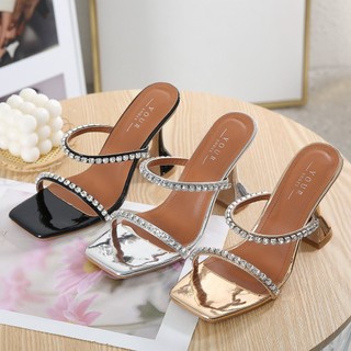 YOURSHOES 333 / รองเท้าส้นสูง 4 นิ้ว แต่งสายเพชร 2 ตอนหนังเงา รองเท้าผู้หญิง