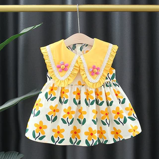 Babyonline(Y463)D5 (ส่งด่วน1วัน)ชุดเดรสกระโปรงแขนกุดลายดอกไม้สำหรับเด็กผู้หญิง ผ้าฝ้าย มีซิปหลัง