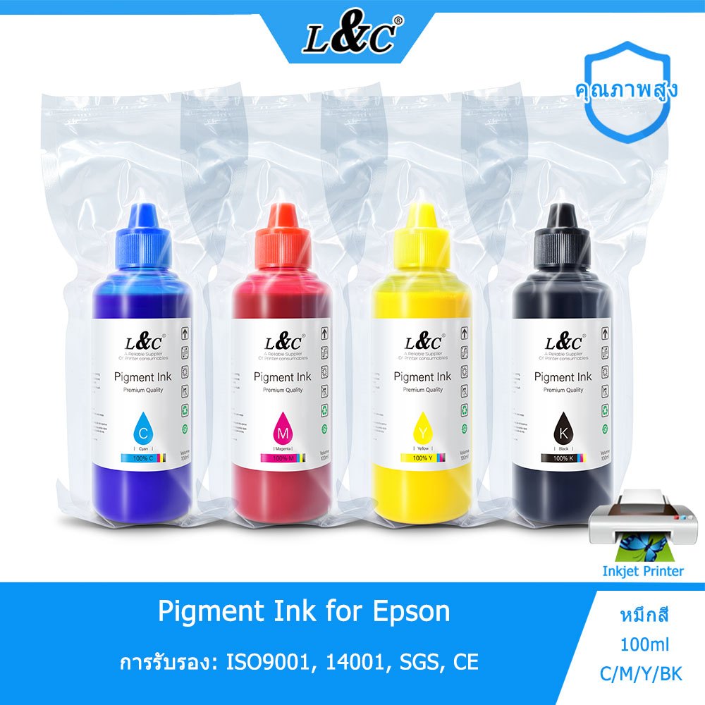 L&C น้ำหมึก กันน้ำ Pigment Ink น้ำหมึกเติม 100ML For Epson Black / Cyan / Magenta / Yellow ink