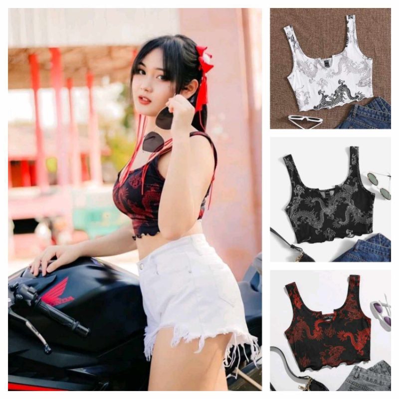 พร้อมส่งด่วนจากไทย ครอป เสื้อกล้าม ลายมังกร ขอบหยัก ชุดตรุษจีน