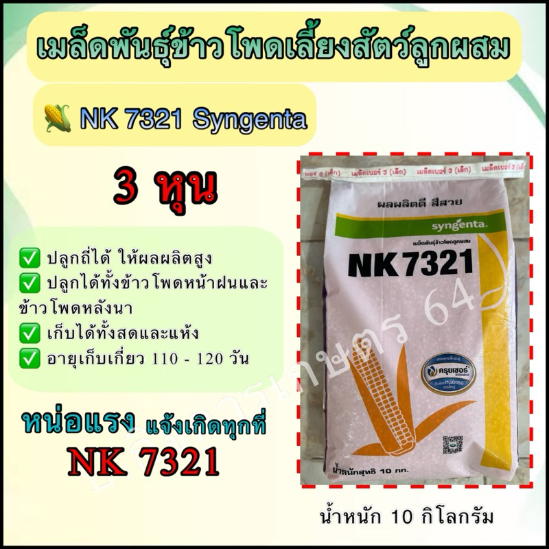 เมล็ดพันธุ์ข้าวโพดเลี้ยงสัตว์ NK7321 เม็ด 3 หุน ขนาด 10 กิโลกรัม 🌽🌽ผลผลิตดี สีสวย