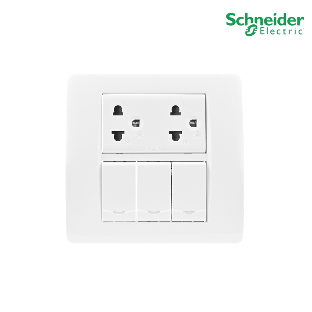Schneider ชุดปลั๊กคู่มีกราวด์+สวิตช์ทางเดียว 3 ตัวพร้อมฝาครอบ สีขาว รุ่น Concept Easy Clip  สั่งซื้อได้ที่ร้าน PlugOn