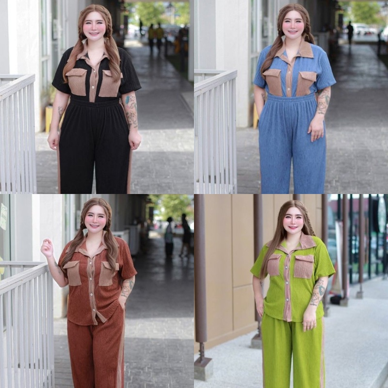 งานตัดเย็บคุณภาพดี ชุดแฟชั่น เซ็ตเสื้อเชิ้ตคอปก ลายทูโทน (ไซส์สาวอวบ) กระดุมมุกดอกไม้ ผ้าท็อฟฟี่