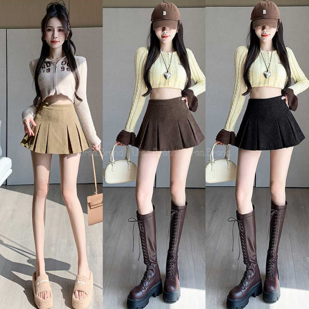 3 สี / กระโปรง เนื้อผ้าลูกฟูก มีซับในกันโป๊ ทรงจีบทวิส ร่น Lookfuk Big Twiss Skirt - SK8