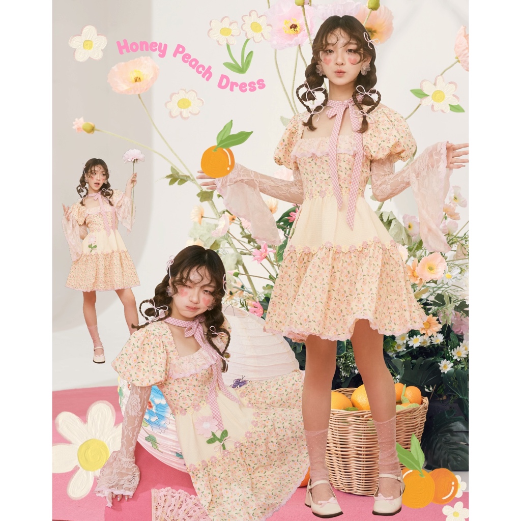 Honey Peach Dress เดรสแขนยาวตัดต่อลายกระโปรงบาน2ชั้น โทนสีเหลืองครีม ลายดอกไม้โบตั๋น