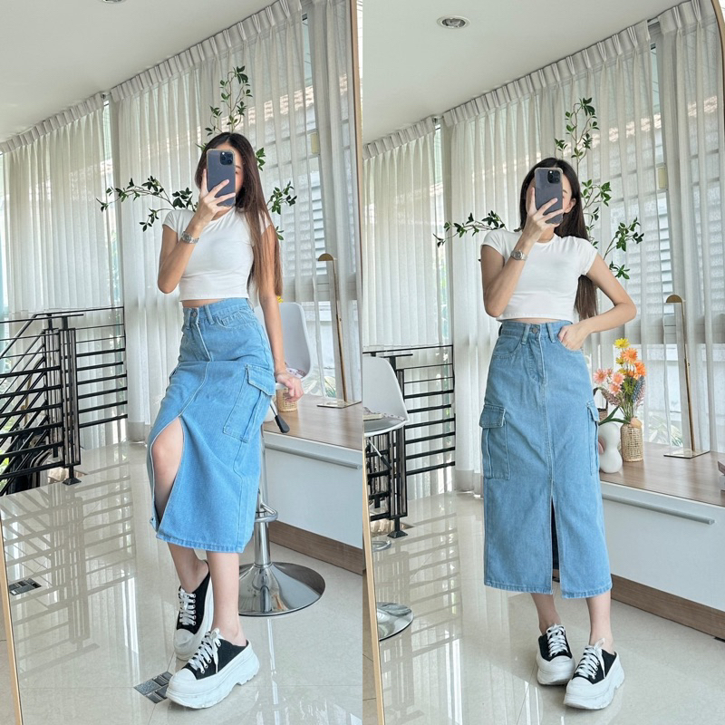 [ SALE ] กระโปรงยีนส์คาร์โก้ เอวสูง สีฟ้าฟอกผ่าหน้า B435 ผ้าไม่ยืด