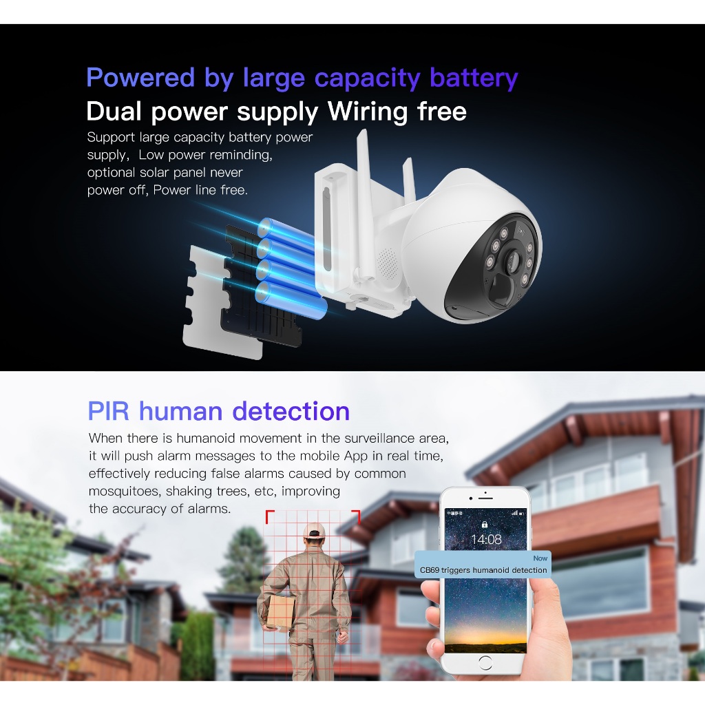 VSTARCAM CB69 WiFi SUPER HD 1296P 3MP กล้องวงจรปิดไร้สาย มีแผงโซล่าเซลล์+แบตเตอรี่ในตัว Ai + ตรวจจับ