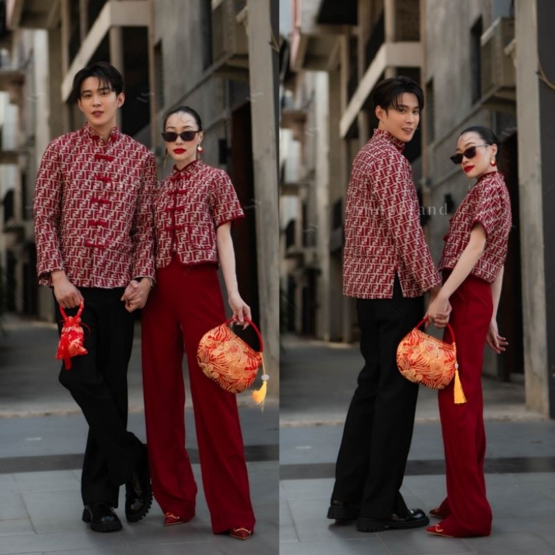 ชุดคู่ เซตกี่เพ้า เสื้อคอจีนผ้าทอลาย+กางเกงสีพื้น VSM