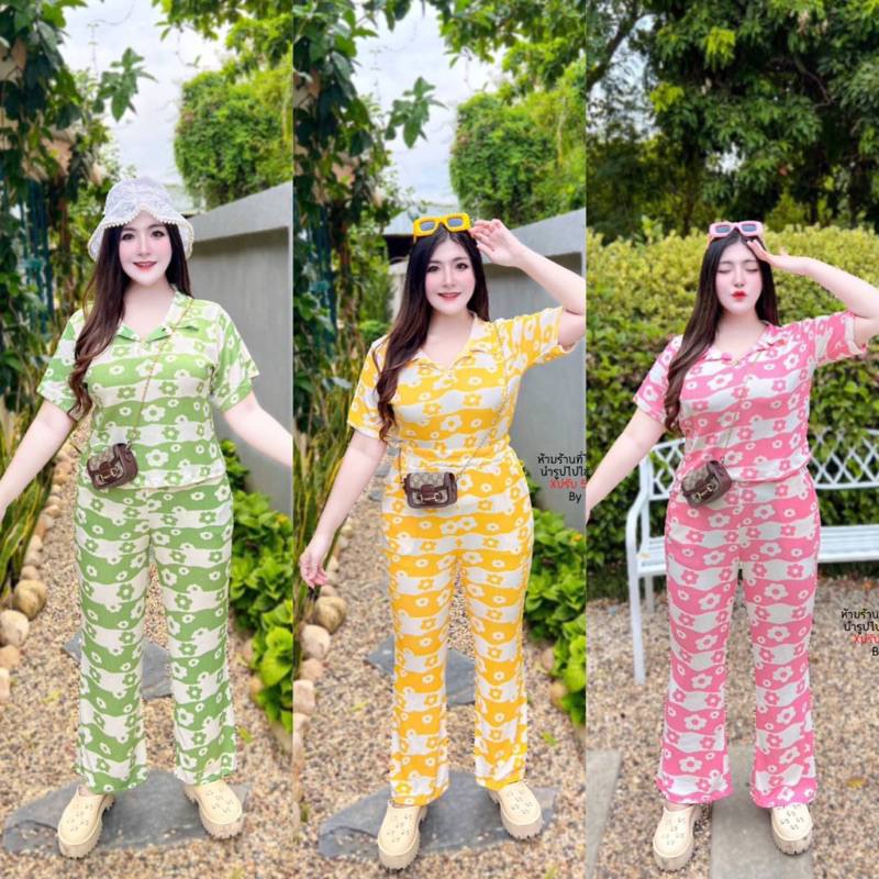 PS-S3S1🌹 เซ็ตขายาวดอกโบตั๋น เซ็ต 2 ชิ้น เสื้อคอปก ติดกระดุมดอกไม้ น่ารักโซคิ้วท์มากจ้า