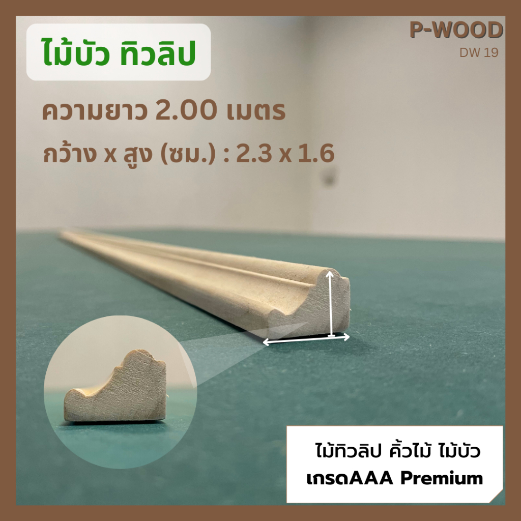 ไม้ทิวลิป ไม้บัว  ฉากใน 1.6 x 2.3 ซม.x ยาว 200 ซม. คิ้วไม้ เนื้อไม้แน่น no.DW19