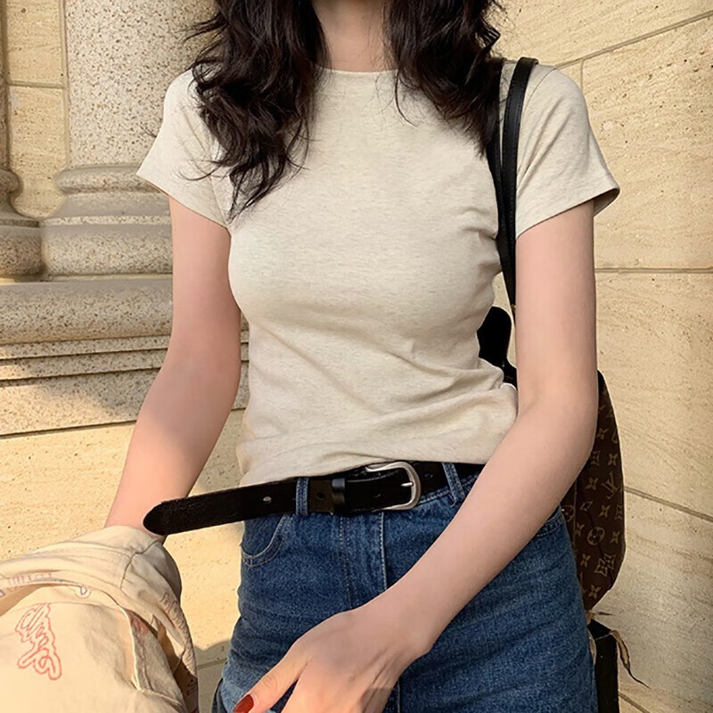 เสื้อยืดสีทึบของผู้หญิง ผ้าฝ้ายคอกลมผู้หญิงแขนสั้น 3 สีให้เลือก
