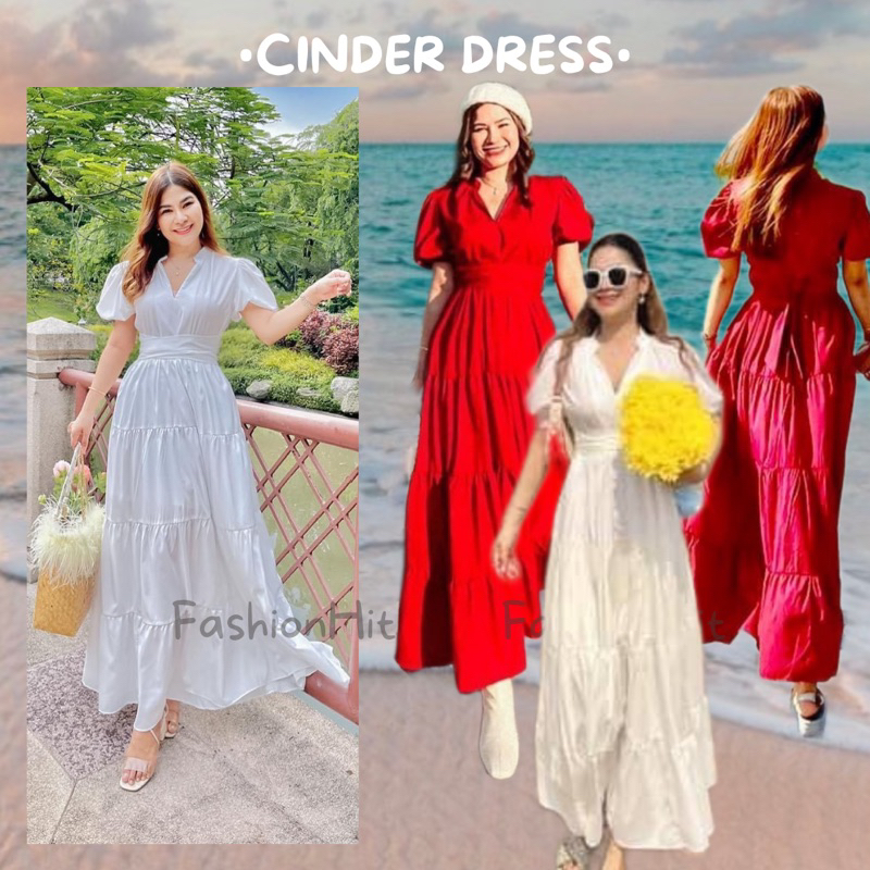 FashionHit•Cinder dress•[พร้อมส่ง]Maixidress ทรงเจ้าหญิงคอวี มีสายผูกโบว์หลัง สวย อลังมาก