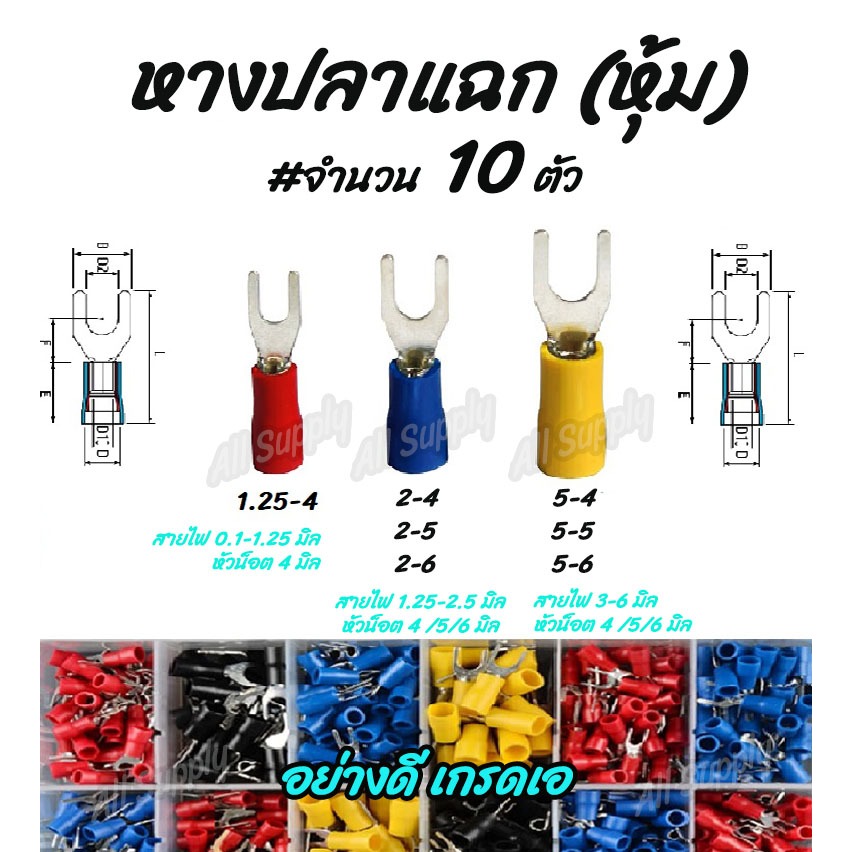 เก็บโค๊ด MT11BTลด50บาท หางปลา แฉกหุ้ม อย่างดี (10ชิ้น) #เลือกขนาด 1.25-4, 2-4, 2-5, 2-6, 5.5-4, 5.5-5, 5.5-6 สายไฟ