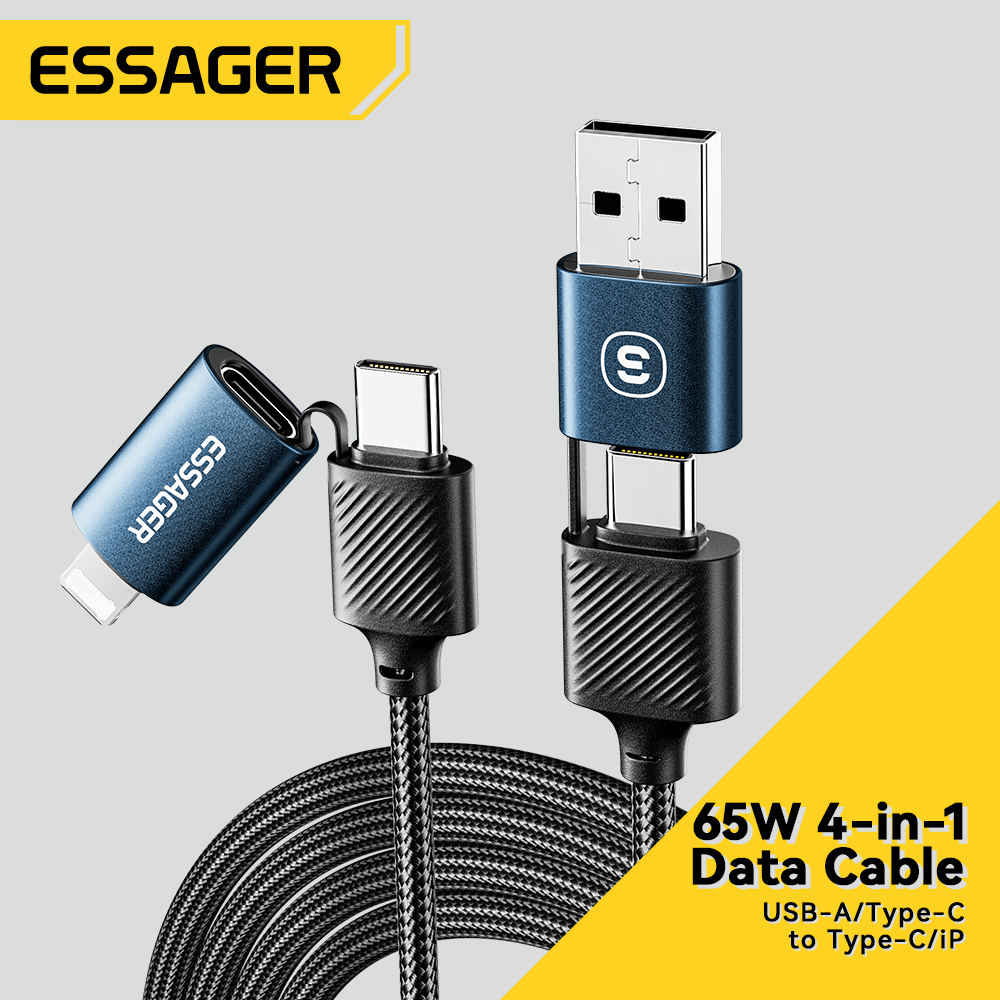 Essager 65W สายชาร์จเร็วแบบ4-In-1 Type-C C-C A-C สายเคเบิล สายชาร์จสำหรับ Xiaomi IP Huawei Realme