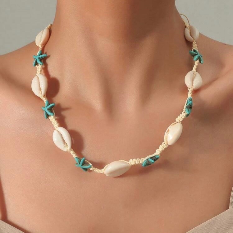พร้อมส่ง สร้อยคอเปลือกหอยปลาดาวฟ้า ความยาวปรับขนาดได้