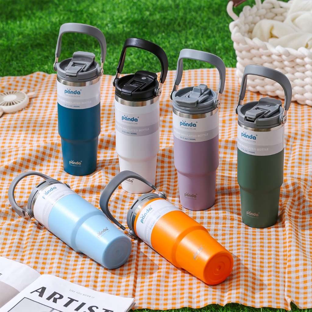 PANDA พร้อมส่ง 900ml แก้วเก็บความเย็น สแตนเลส304 แบบใหม่มีที่จับ แก้วสแตนเลส ขวดน้ําเก็บความเย็น