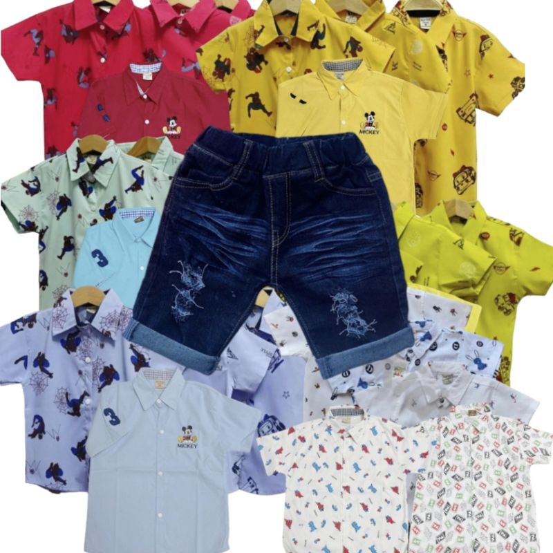 ชุดเซ็ทเด็ก เสื้อเชิ้ตคละลาย+กางเกงยีนส์4ส่วนแต่งขาด