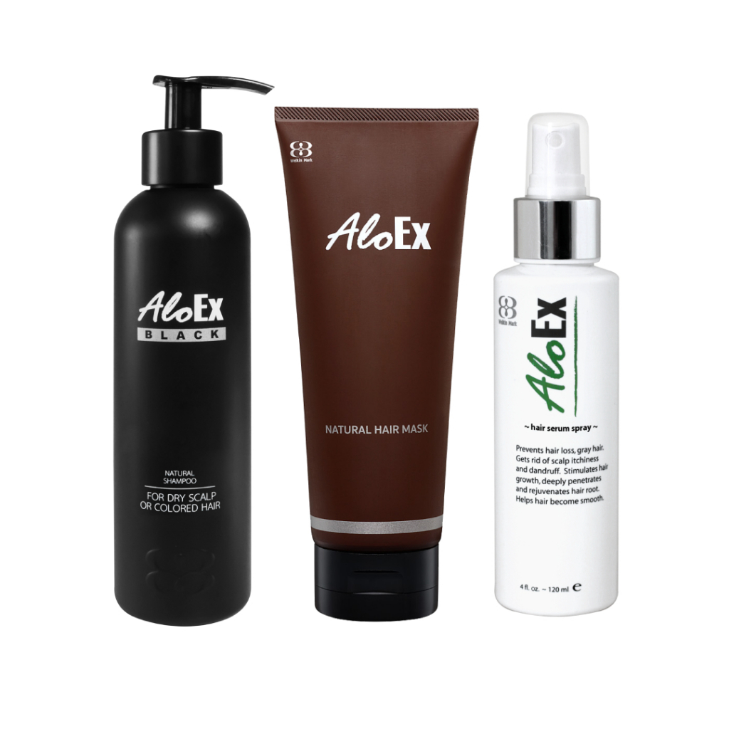 [เซตสุดคุ้ม] AloEx Black Shampoo, AloEx Hair Mask และ AloEx Hair Serum 120 ml. เซตสำหรับผมแห้ง
